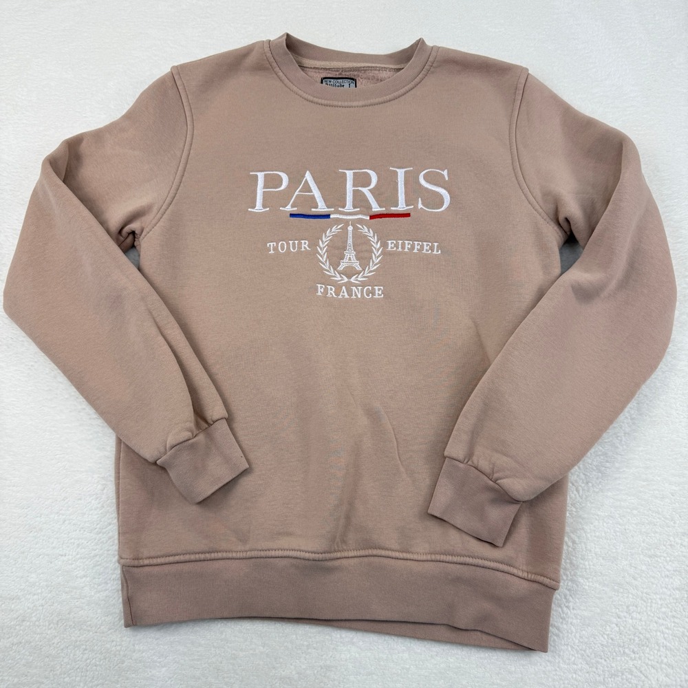 Attitude Paris Tour Eiffel Sweatshirt Womens Size M Tan Embroidered Fleece Lined